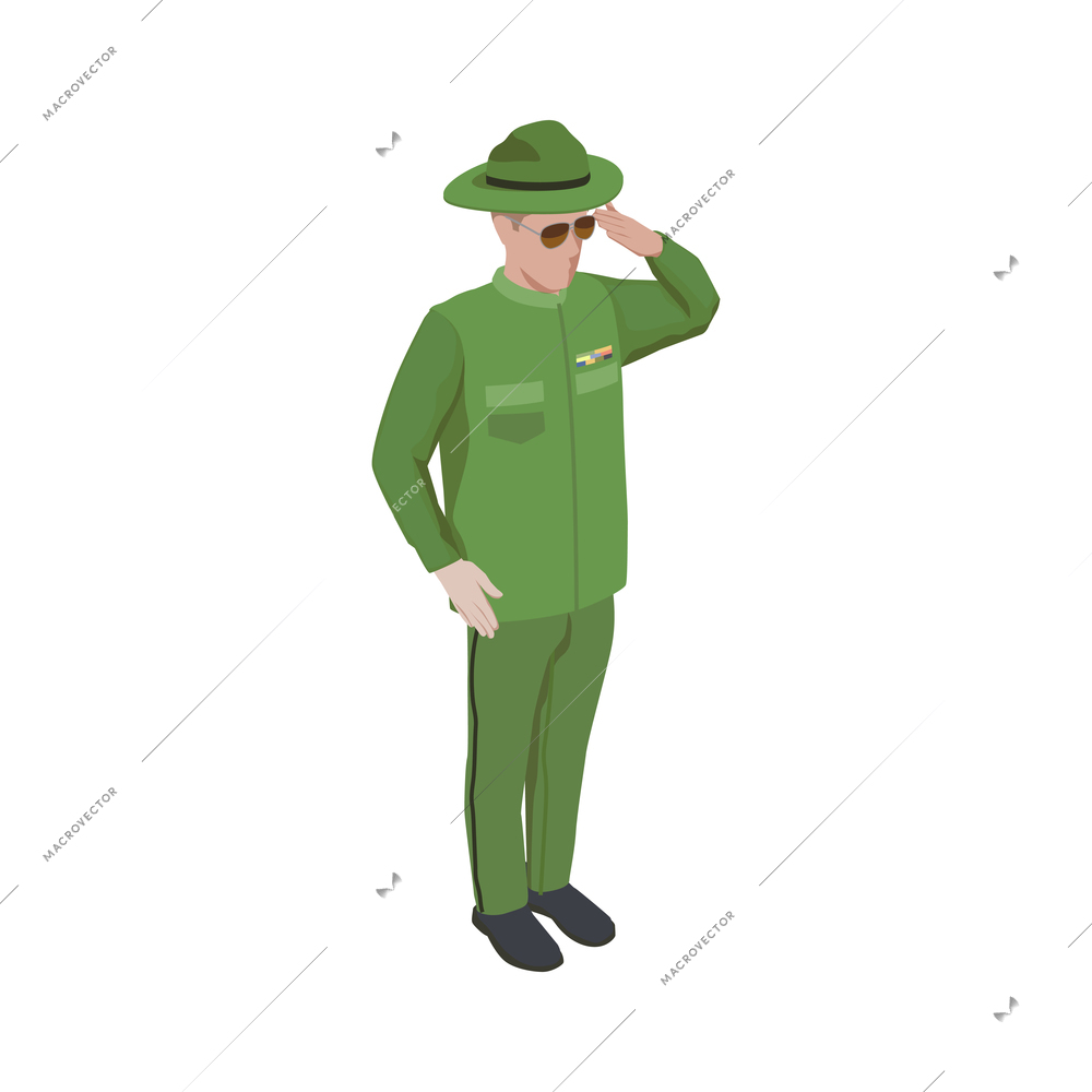 Army soldier people isometric composition with isolated character of soldier in hat rendering a salute vector illustration