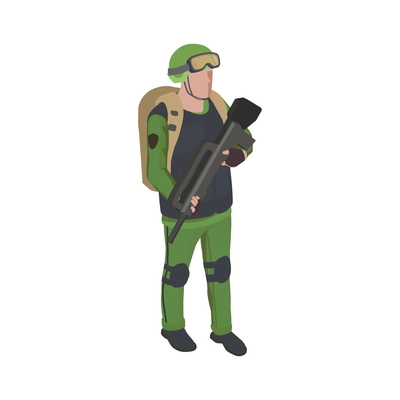 Army soldier people isometric composition with character of equipped soldier with gun and backpack vector illustration