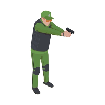 Army soldier people isometric composition with isolated character of soldier pointing pistol wearing body armor vector illustration