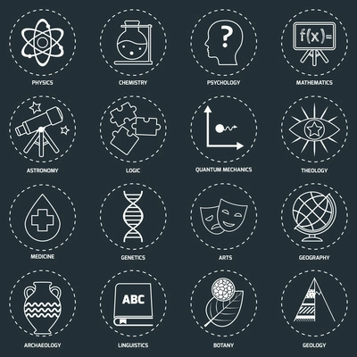 Science areas outline icons set with physics chemistry psychology isolated vector illustration