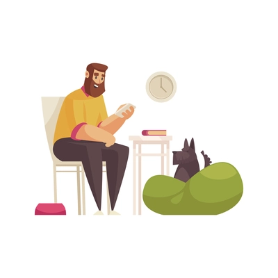 Grooming flat composition with home scenery and bearded man holding notebook talking to lying dog vector illustration