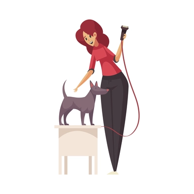 Grooming flat composition with character of woman with electric shaver and dog on table vector illustration