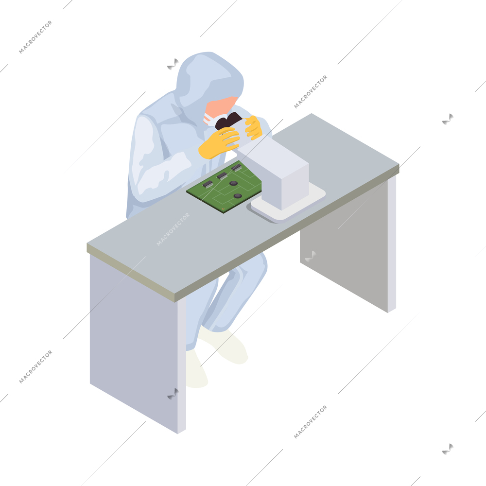 Semiconductor chip production isometric composition with character of employee at workplace with microscope and circuit board vector illustration