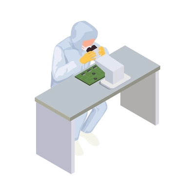 Semiconductor chip production isometric composition with character of employee at workplace with microscope and circuit board vector illustration