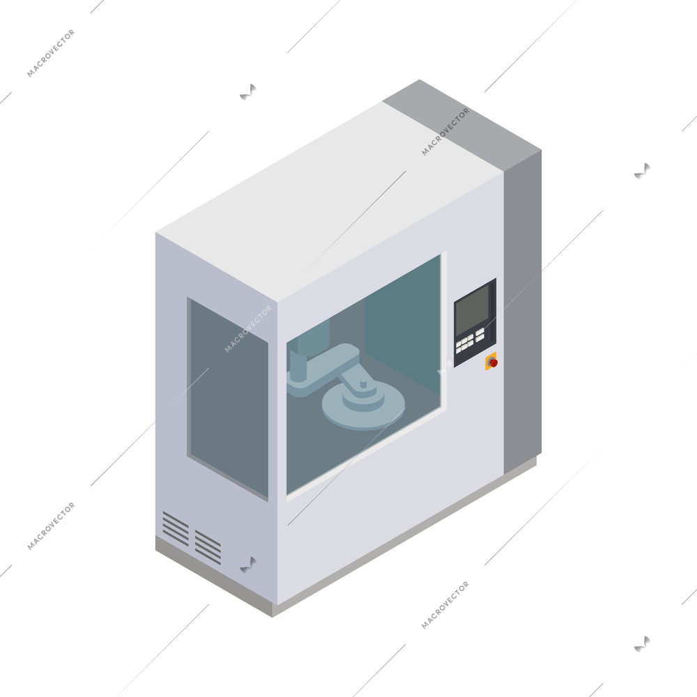 Semiconductor chip production isometric composition with isolated image of lab closet with windows vector illustration