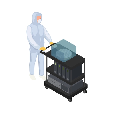 Semiconductor chip production isometric composition with human character of worker moving cart with computers and chips vector illustration