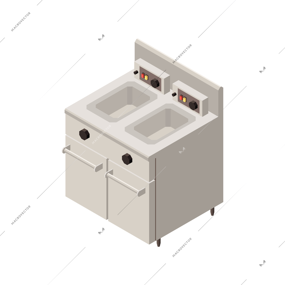 Industrial professional kitchen equipment isometric composition with isolated image of cabinet with two sinks vector illustration