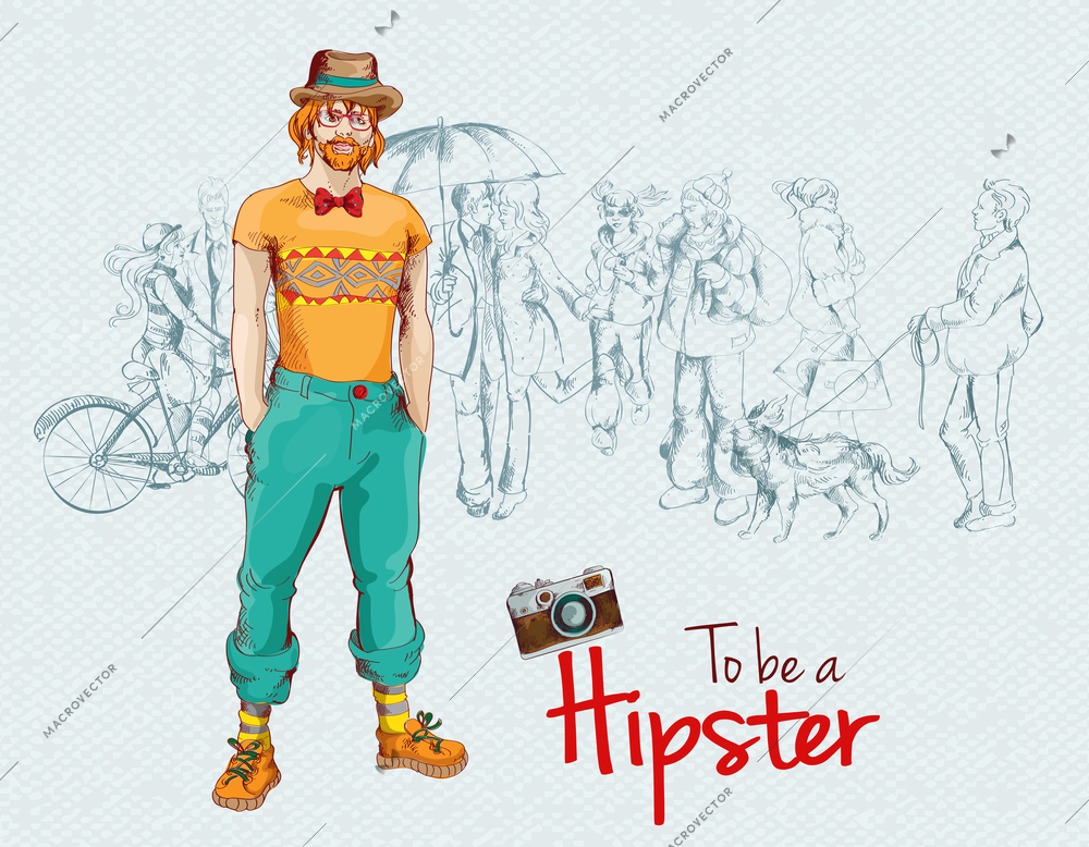 Hipster boy young man colored sketch character with people crowd background vector illustration