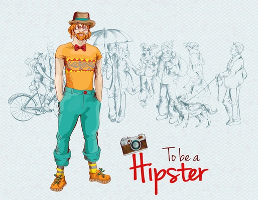 Hipster boy young man colored sketch character with people crowd background vector illustration