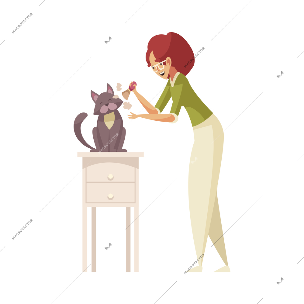 Grooming flat composition with character of woman with cosmetic brush and cat sitting on table vector illustration