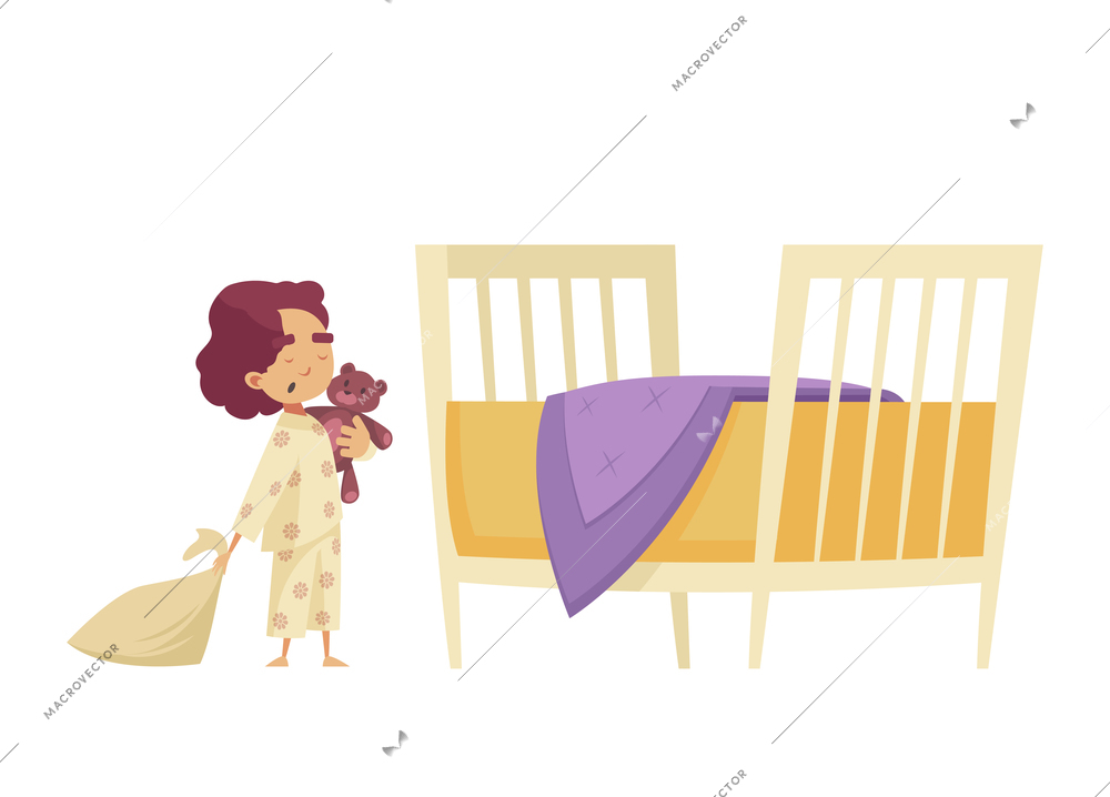 Sleep time composition with image of baby bed with awaken child holding teddy bear flat isolated vector illustration