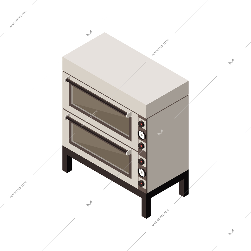 Industrial professional kitchen equipment isometric composition with isolated image of two ovens in cabinet vector illustration