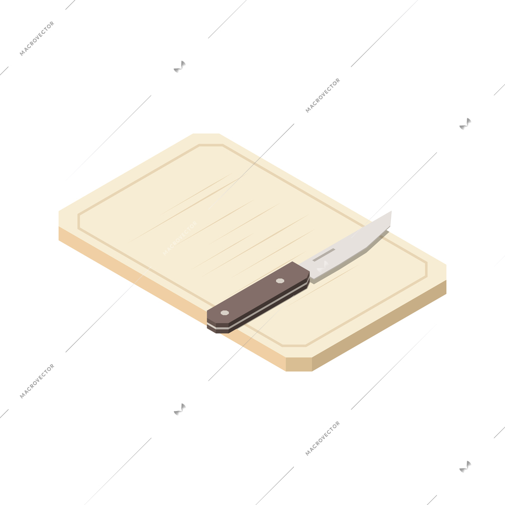 Industrial professional kitchen equipment isometric composition with isolated image of cutting board with knife vector illustration