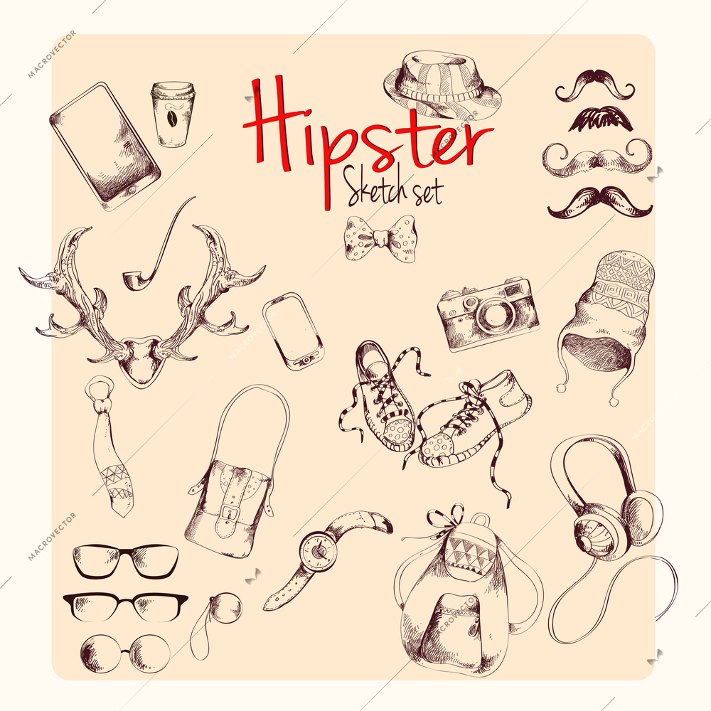 Hipster character pack sketch set with moustaches and accessory isolated vector illustration