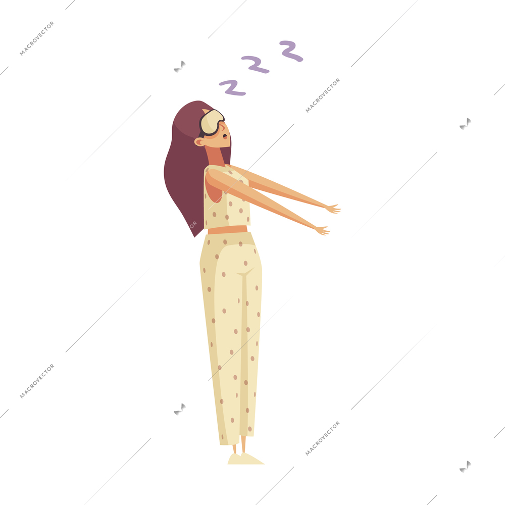 Sleep time composition with character of standing girl wearing sleeping mask flat isolated vector illustration