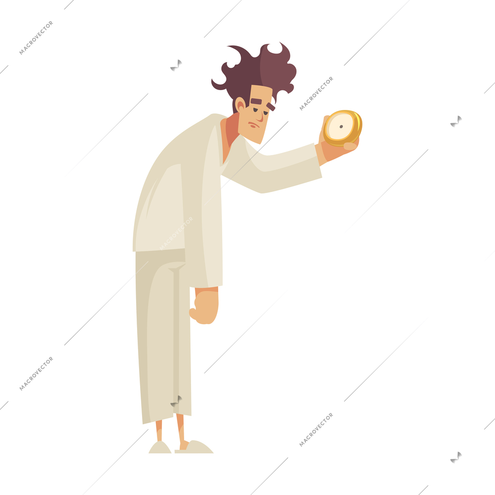 Sleep time composition with character of sleepy man holding alarm clock in hand flat isolated vector illustration