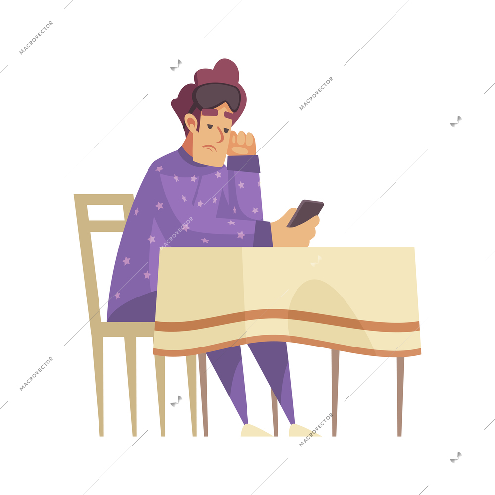 Sleep time composition with character of man sitting at table with smartphone wearing sleeping suit with mask flat isolated vector illustration