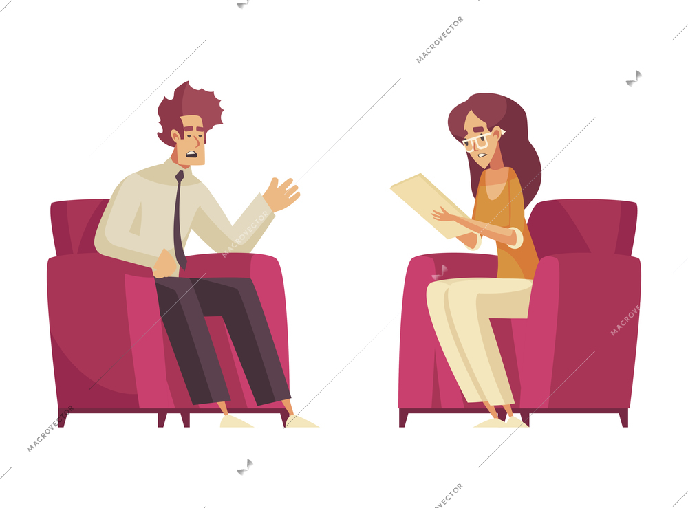 Sleep time composition with characters of talking patient and therapist sitting in chairs flat isolated vector illustration
