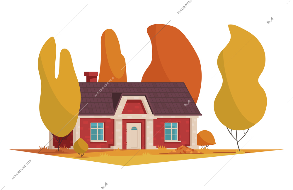 House design composition with autumn scenery with trees and image of living house facade flat isolated vector illustration