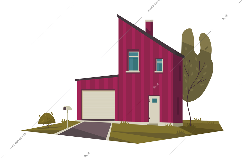 House design composition with outdoor scenery with trees and image of living house facade flat isolated vector illustration