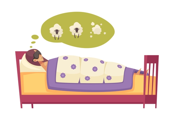 Sleep time composition with view of woman lying in bed with sleeping mask counting sheeps in dreams flat isolated vector illustration