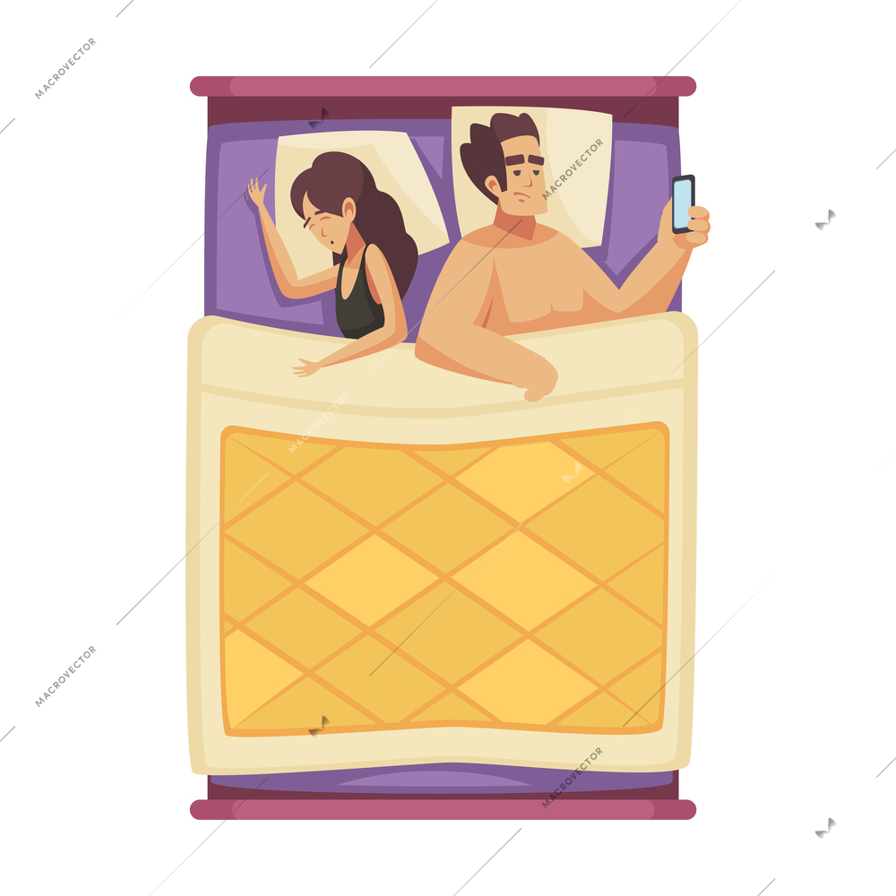 Sleep time composition with view of couple in bed with sleeping woman and awake man with smartphone flat vector illustration