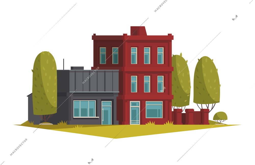 House design composition with outdoor scenery with trees and image of living house facade flat isolated vector illustration