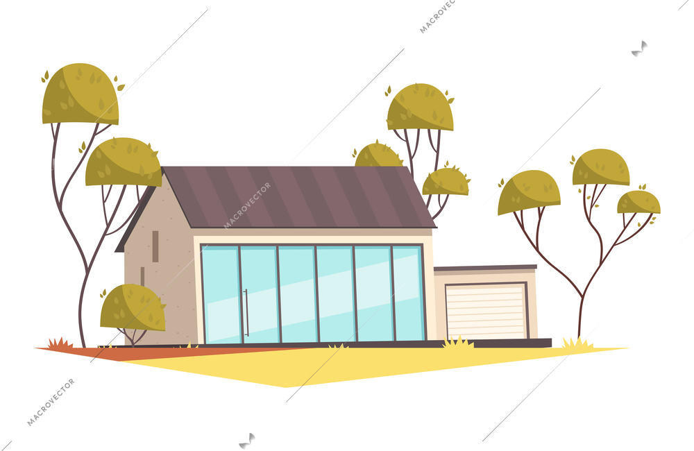 House design composition with exotic scenery with trees and image of living house facade flat isolated vector illustration