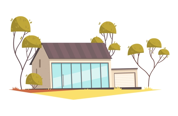 House design composition with exotic scenery with trees and image of living house facade flat isolated vector illustration