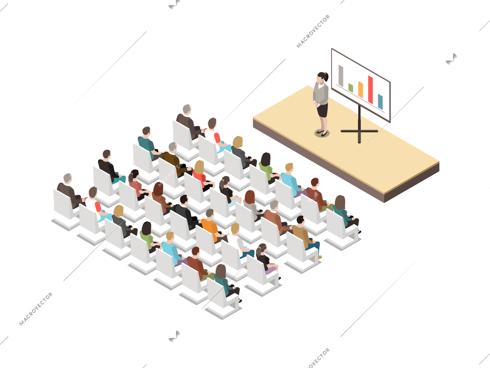 Conference hall isometric composition with white board digital lcd screen presentation on podium with participants audience vector illustration