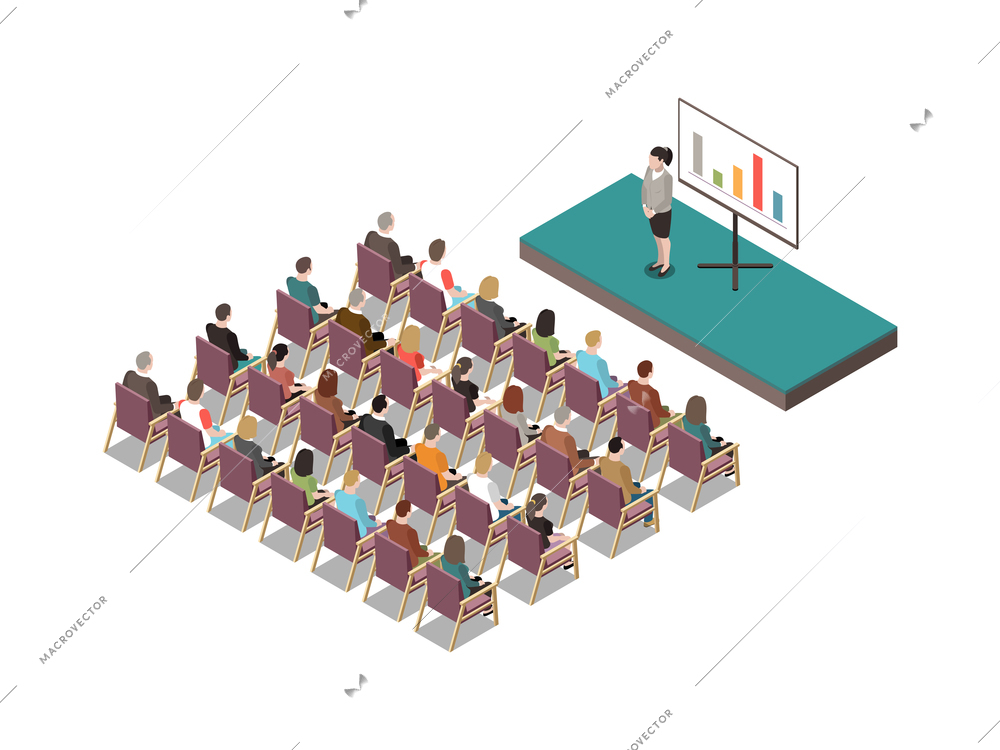 Conference hall isometric composition with white board digital lcd screen presentation on podium with participants audience vector illustration
