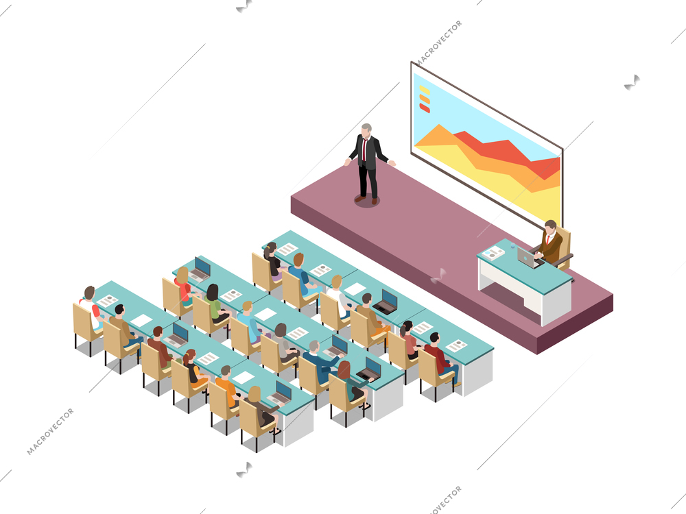 Conference hall isometric composition with white board digital lcd screen presentation on podium with participants audience vector illustration