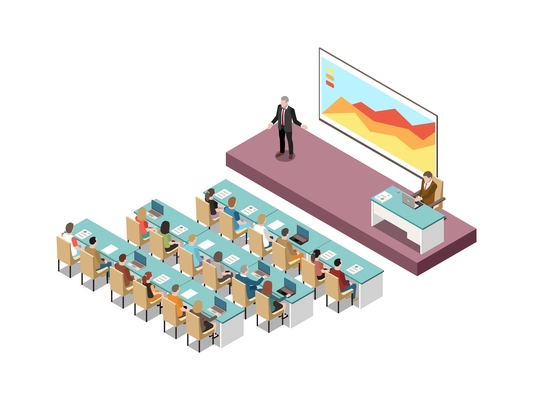 Conference hall isometric composition with white board digital lcd screen presentation on podium with participants audience vector illustration