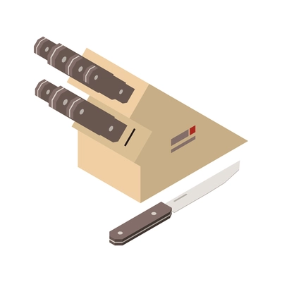 Industrial professional kitchen equipment isometric composition with isolated image of wooden block with knives vector illustration