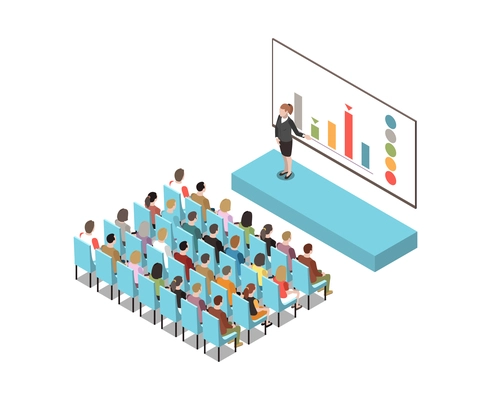 Conference hall isometric composition with white board digital lcd screen presentation on podium with participants audience vector illustration