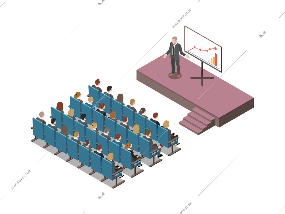 Conference hall isometric composition with white board digital lcd screen presentation on podium with participants audience vector illustration