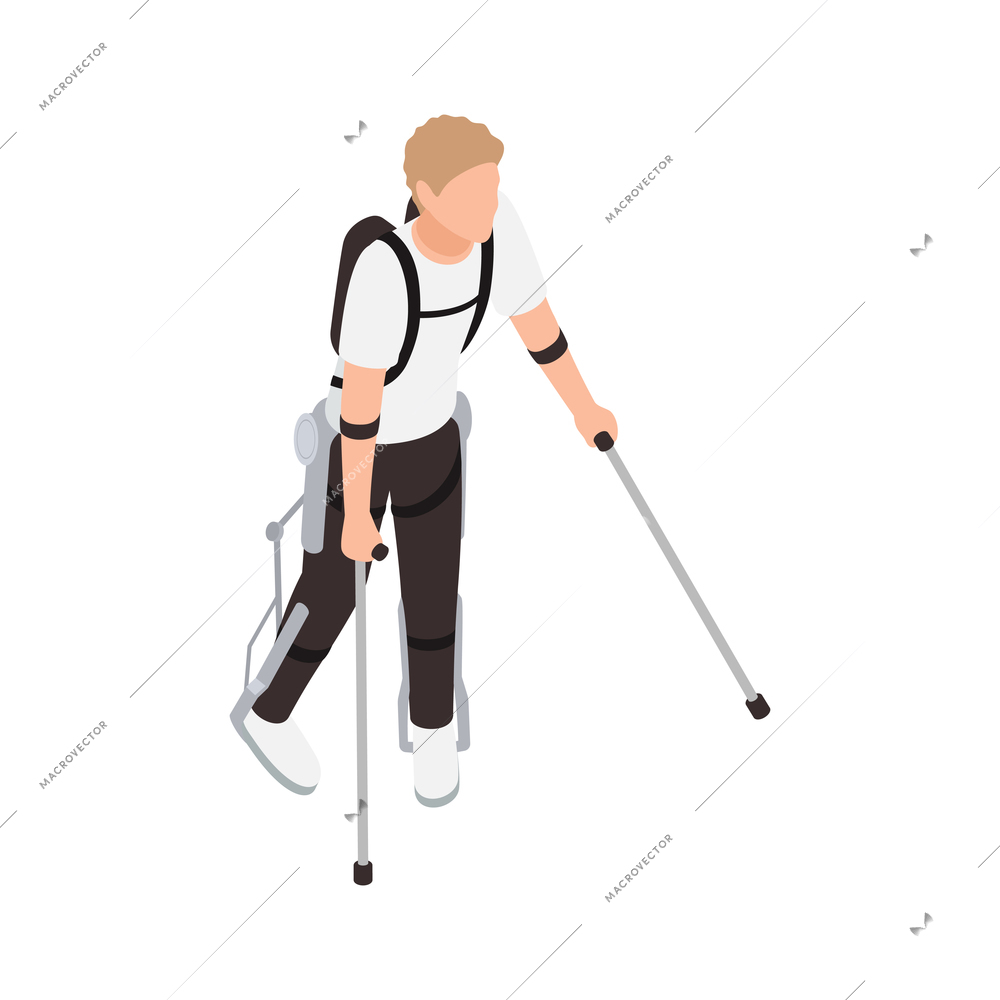 Exoskeleton bionics isometric composition with isolated charater of man wearing rehabilitating exoskeleton suit vector illustration