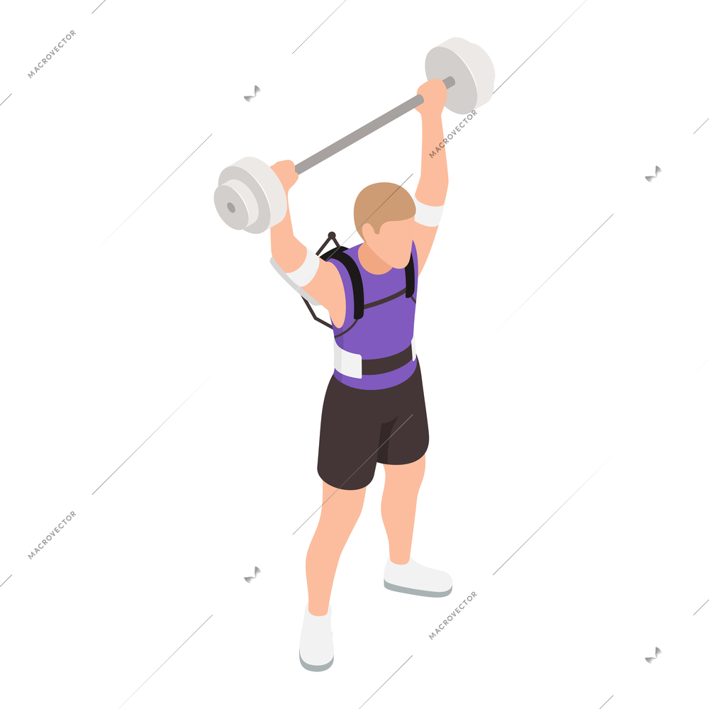 Exoskeleton bionics isometric composition with isolated charater of man raising barbells wearing exoskeleton bionic suit vector illustration