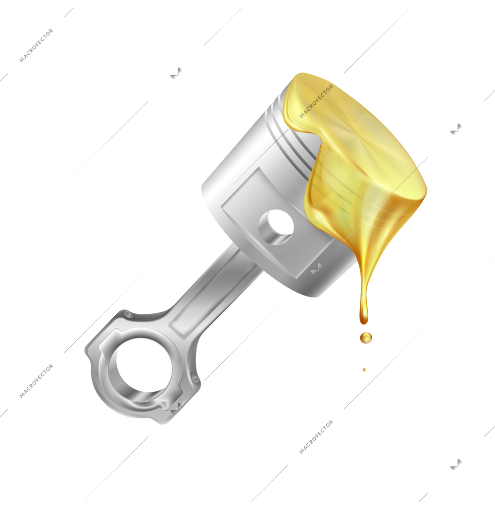 Engine oil advertising realistic composition with isolated image of piston with oil splash vector illustation