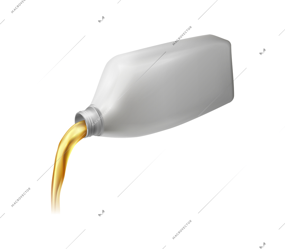 Engine oil advertising realistic composition with isolated image of plastic canister pouring oil vector illustation