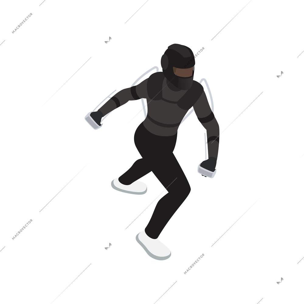 Exoskeleton bionics isometric composition with isolated character of person equipped with futuristic suit vector illustration