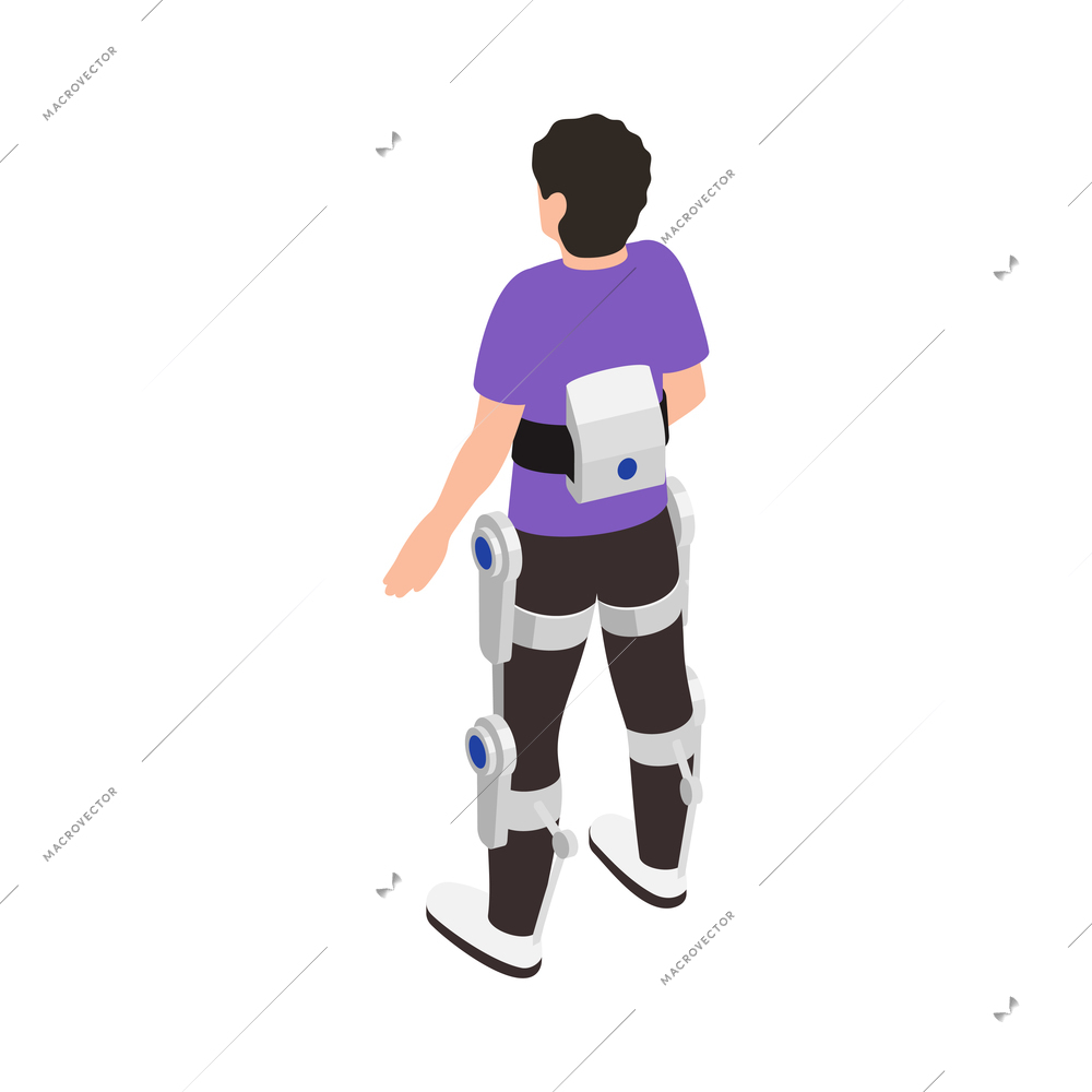 Exoskeleton bionics isometric composition with isolated charater of man wearing exoskeleton bionic suit vector illustration