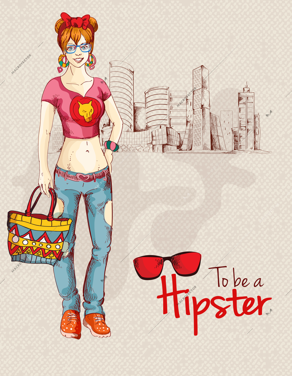 Hipster fashion trendy unban girl sketch character with city background vector illustration