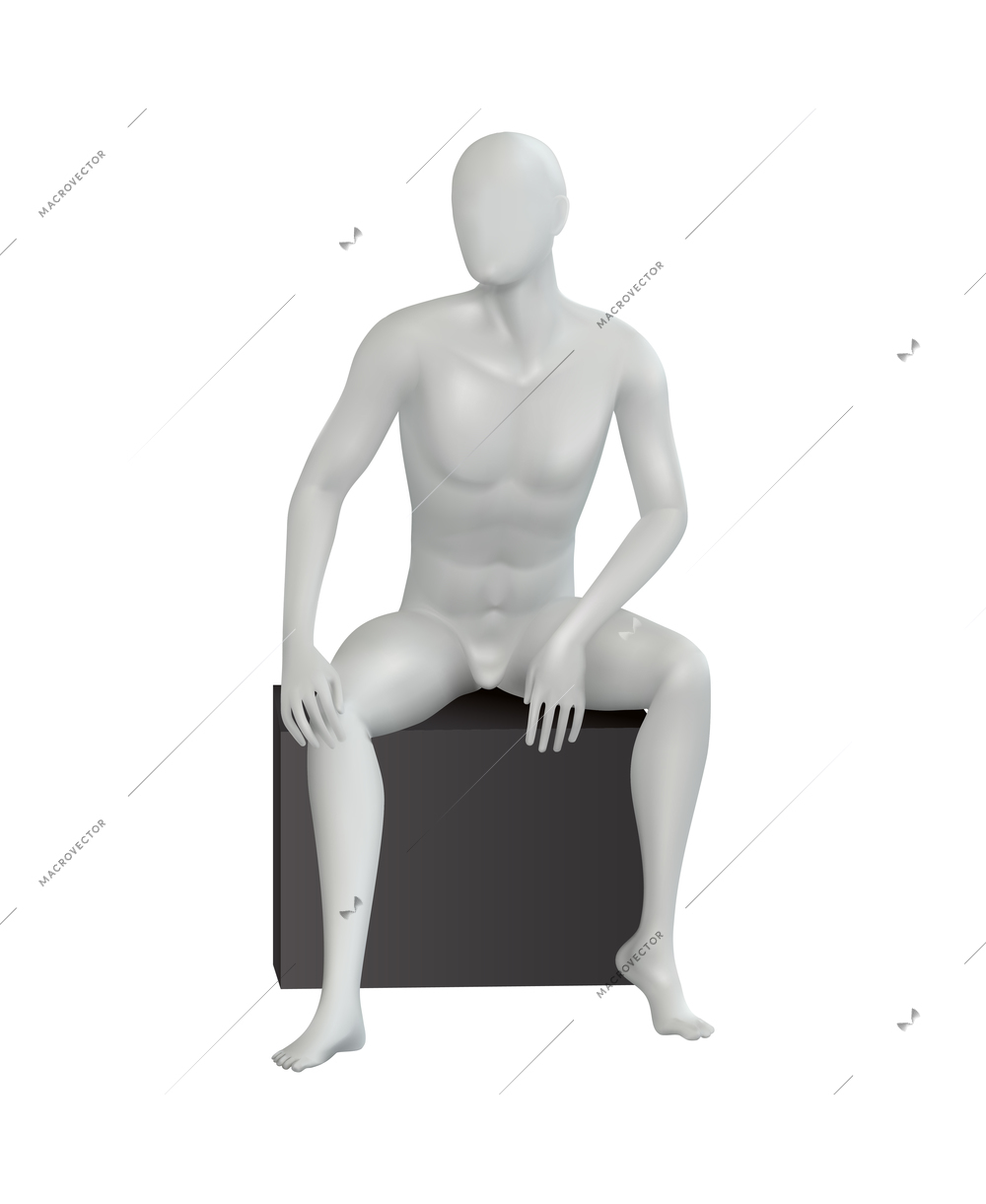 Mannequins realistic composition with isolated image of sitting dummy male body vector illustration