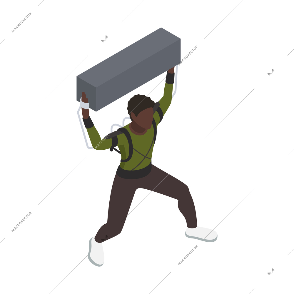 Exoskeleton bionics isometric composition with isolated character of black boy wearing bionic suit raising hands with heavy brick vector illustration