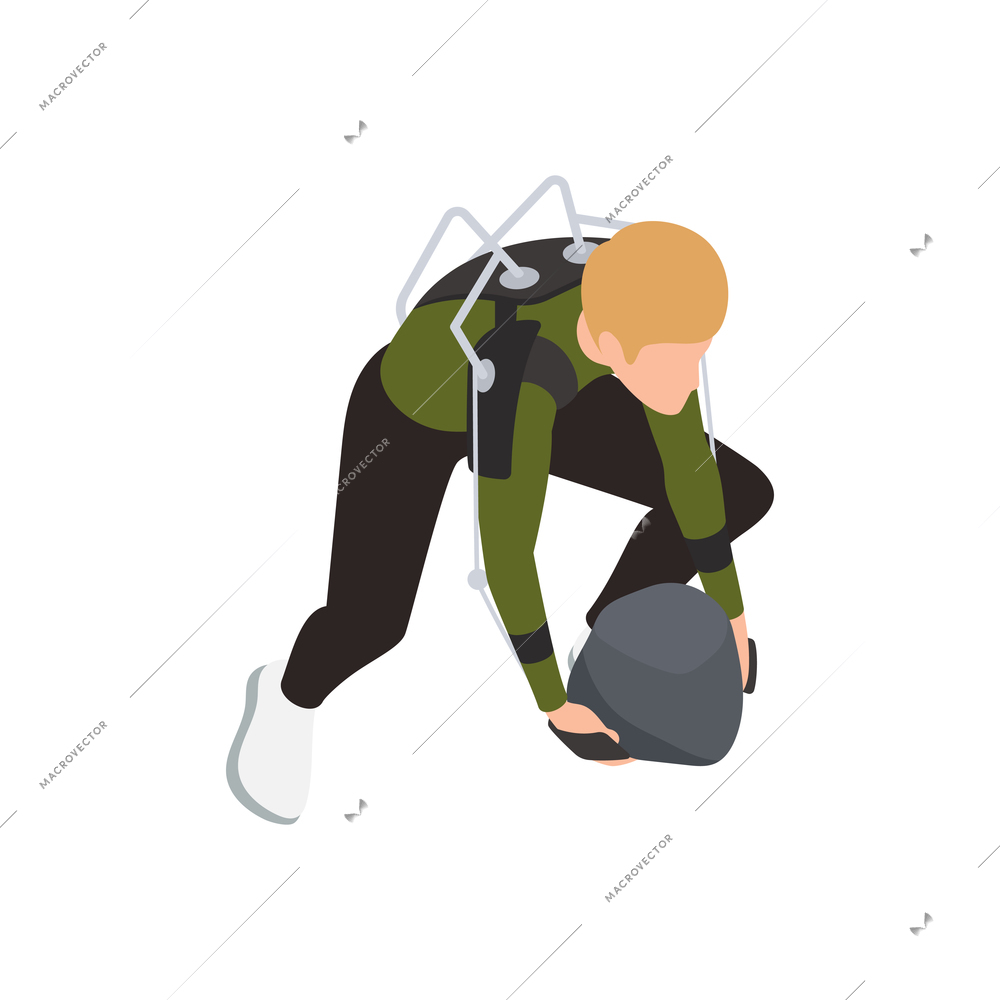 Exoskeleton bionics isometric composition with isolated character of man in suit touching huge stone vector illustration