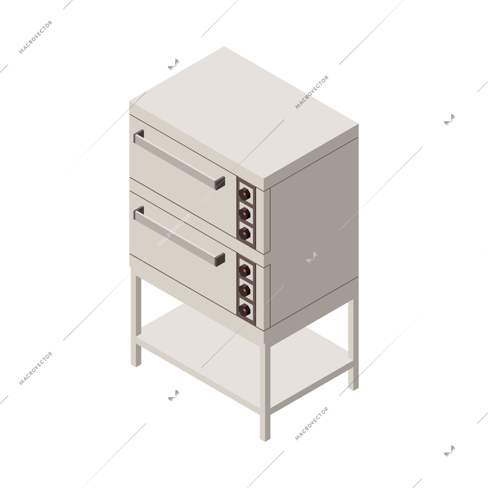 Industrial professional kitchen equipment isometric composition with isolated image of closet oven cabinets vector illustration