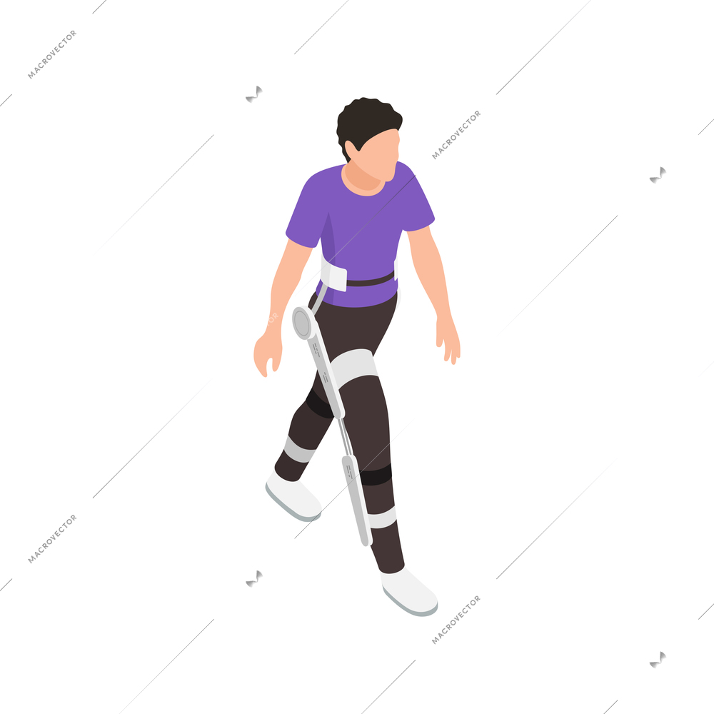 Exoskeleton bionics isometric composition with isolated charater of man walking in exoskeleton bionic suit vector illustration