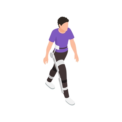 Exoskeleton bionics isometric composition with isolated charater of man walking in exoskeleton bionic suit vector illustration