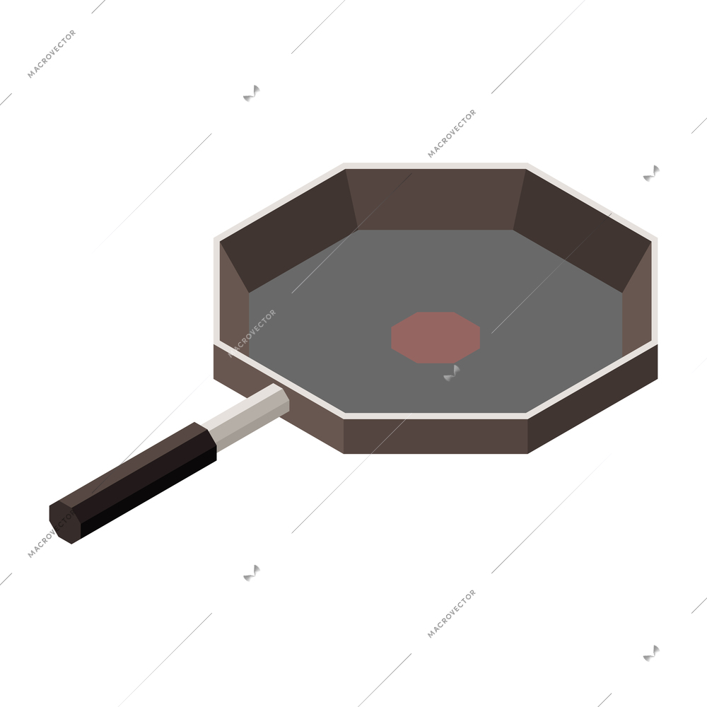 Industrial professional kitchen equipment isometric composition with isolated image of polygonal frying pan vector illustration